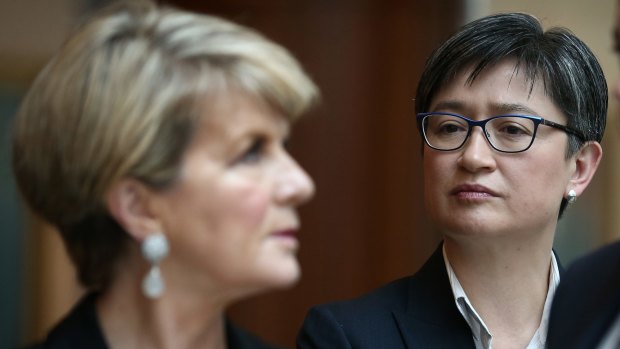 Foreign Affairs Minister Julie Bishop and Senator Penny Wong during the ceremony to sign the condolence book for Shimon Peres on Monday.