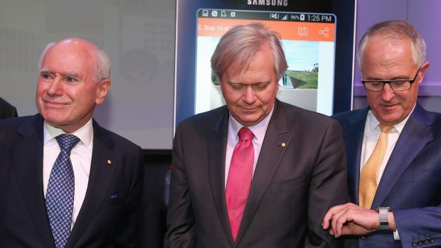 Former prime minister John Howard, Nobel laureate Brian Schmidt and Prime Minister Malcolm Turnbull in Canberra on Tuesday.
