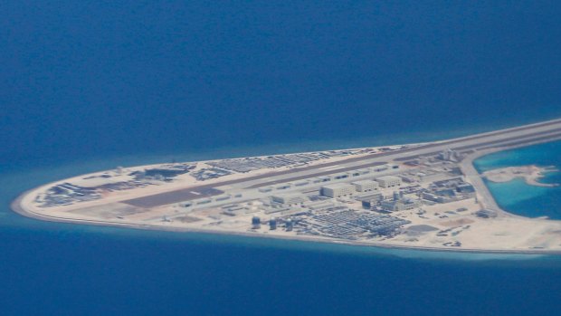 An airstrip, structures and buildings on China's man-made Subi Reef in the Spratly chain of islands in the South China Sea.