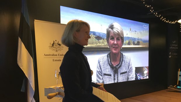Foreign Minister Julie Bishop beamed in to Australia's pop-up embassy in Estonia.