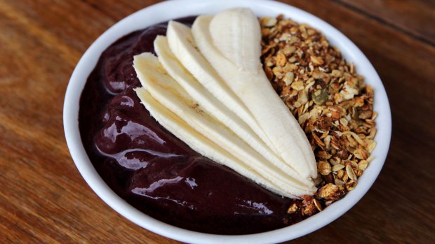 An acai, banana and muesli bowl at Jeds cafe in Bondi Beach, Sydney.