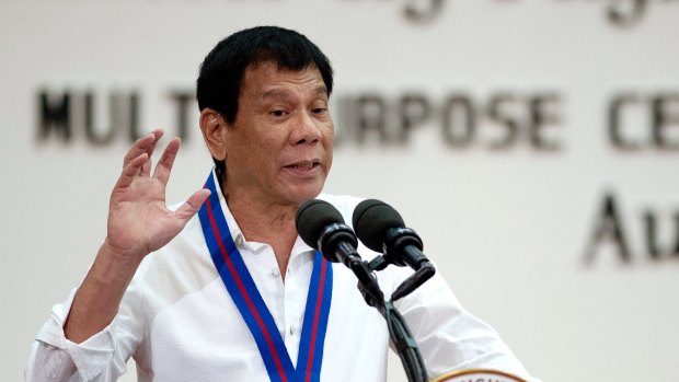 Philippines President Rodrigo Duterte  speaks at police headquarters in Manila in 2016.