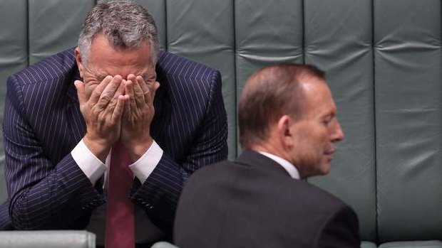 Treasurer Joe Hockey and Prime Minister Tony Abbott during Question Time on Tuesday . Photo: Alex Ellinghausen