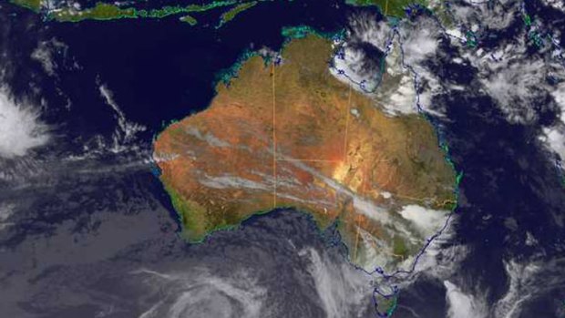 This latest satellite image from the Bureau of Meteorology shows low cloud covers eastern districts of Queensland in a moist onshore airflow. Infrared image courtesy of the Japan Meteorological Agency. Blue Marble surface image courtesy of NASA.