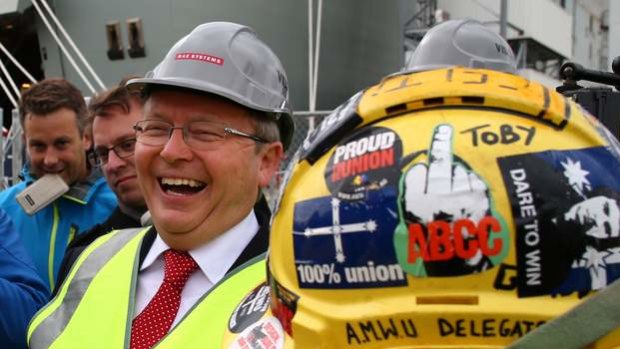 Kevin Rudd meets with workers at BAE Systems in Williamstown on Thursday.