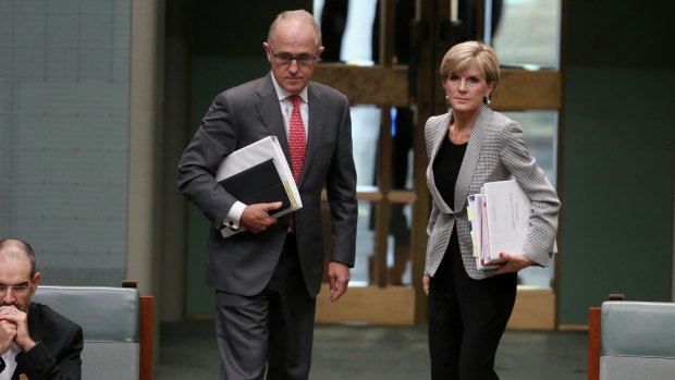 Communications Minister Malcolm Turnbull and Foreign Affairs Minister Julie Bishop leave question time on Monday.