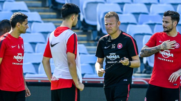 Wanderers coach Josep Gombau gives out instructions ahead of Brisbane Roar match.