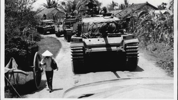 A welcome sight to infantry and gunners in the fire support bases at "Coral" and "Balmoral", in north-west Bien Hoa Province was the arrival of Australian Centurion tanks.