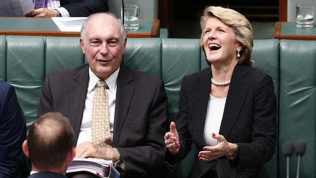 Prime Minister Tony Abbott, Deputy Prime Minister Warren Truss and Foreign Affairs Minister Julie Bishop during a division in the House of Representatives.  Photo: Alex Ellinghausen