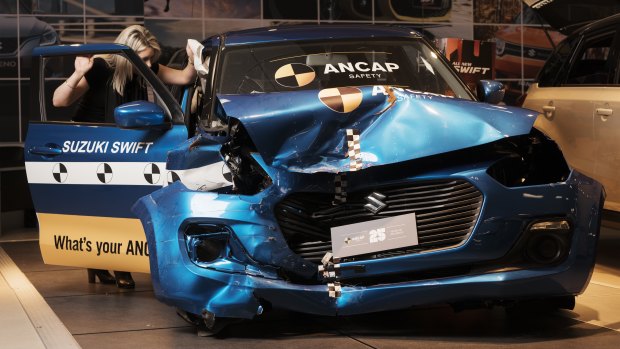A crash test vehicle that got five stars in a high-speed crash test is on display in a new car showroom in Kirrawee.