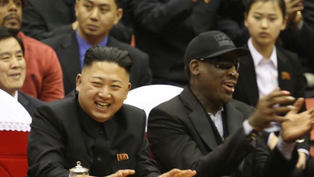 North Korean leader Kim Jong Un, left, and former NBA star Dennis Rodman watch North Korean and U.S. players in an exhibition basketball game at an arena in Pyongyang, North Korea, Thursday, Feb. 28, 2013.