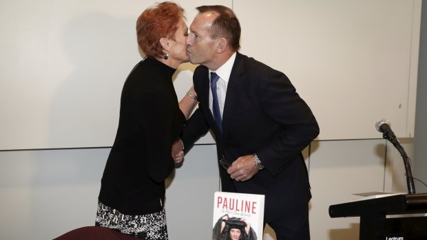 Pauline Hanson and Tony Abbott at the launch of her book this week.