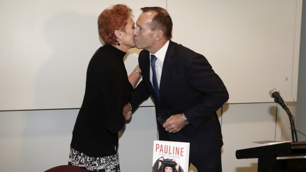 Pauline Hanson and Tony Abbott at the launch of her book this week.