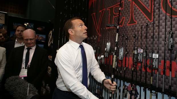 Opposition leader Tony Abbott visits the Australian Fishing Trade Show on the Gold Coast, Queensland, on Monday.