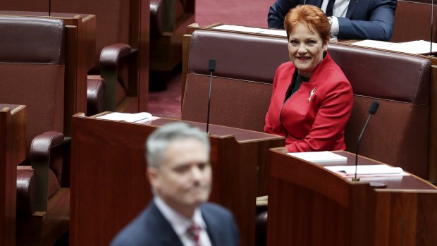 Minister for Finance Mathias Cormann walks past Senator Pauline Hanson in the Senate