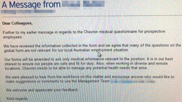An email statement says Chevron has reviewed its medical questionnaire and is pleased to hear from the workforce on the matter.