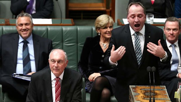 Treasurer Joe Hockey, Acting Prime Minister Warren Truss and Agriculture Minister Barnaby Joyce. Photo: Alex Ellinghausen