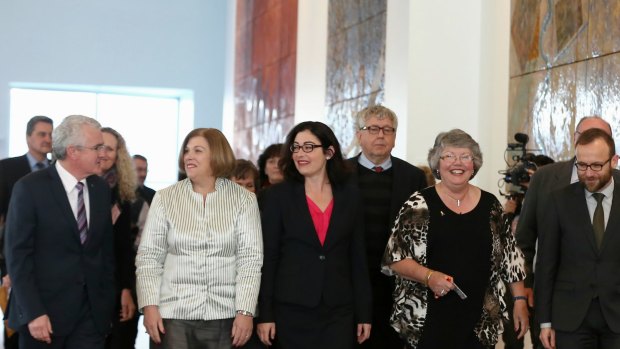 Co-sponsors of the cross-party marriage equality legislation in Canberra on Monday.