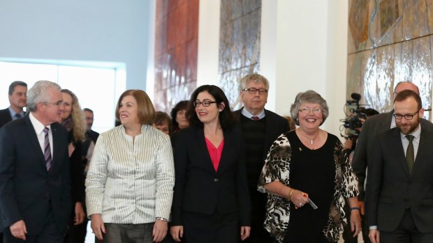 Co-sponsors of the cross-party marriage equality legislation in Canberra on Monday.