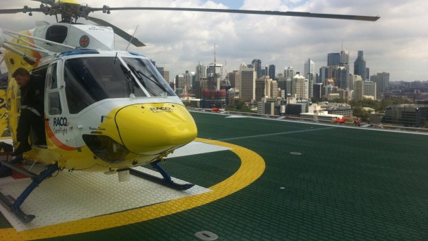 The first chopper lands on the new Lady Cilento Children's Hospital helipad.