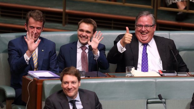 Dan Tehan, Wyatt Roy and Ewen Jones in question time on Monday.