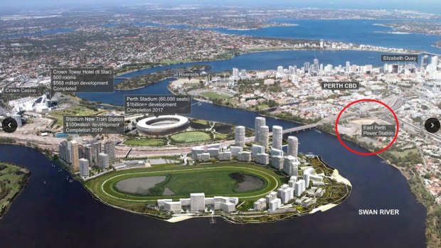 East Perth revitalisation precinct, showing the various redevelopment sites including the power station (circled).