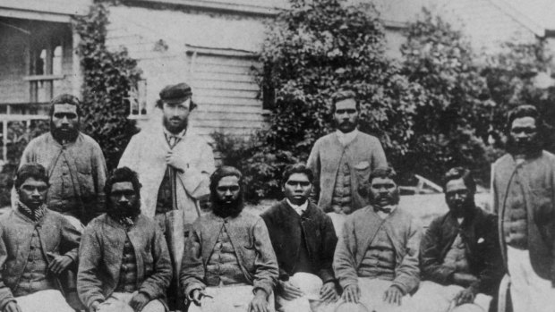The 1868 Aboriginal cricket team that toured England. Tom Wills is in the back row, centre, in the white jacket.