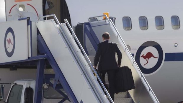 Prime Minister Tony Abbott departs RAAF Fairbairn in Canberra to attend CHOGM in Sri Lanka. Photo: Andrew Meares