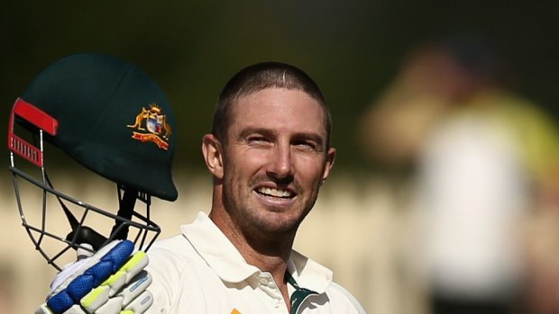 Shaun Marsh of Australia celebrates after reaching his century during day one of the First Test match between Australia and the West Indies at Blundstone Arena.