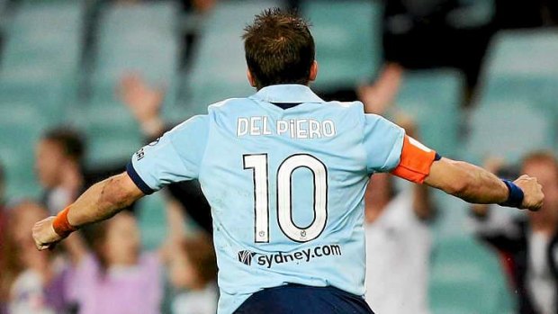 Maestro: Alessandro Del Piero of Sydney FC celebrates scoring his second goal against Wellington Phoenix.