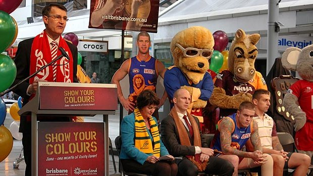 Lord Mayor Graham Quirk with representatives of the Broncos, Reds and Lions.