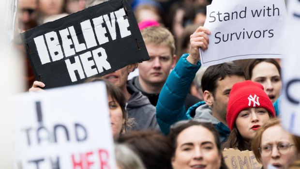 In March, people took part in a protest in Dublin in support of the woman at the centre of a rape trial after two Ireland ruby players were acquitted.