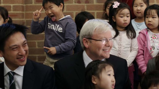 Kevin Rudd visits Korean - English lessons at the Ryde Uniting Church in Sydney in 2013.