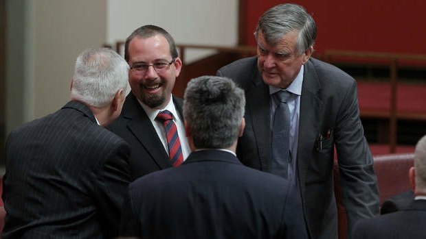 AMEP Senator Ricky Muir congratulated by fellow Senators after being sworn-in. Photo: Alex Ellinghausen