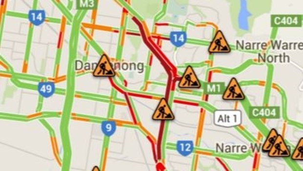 Red lines showing traffic delays as a result of the fatal Monash Freeway crash.