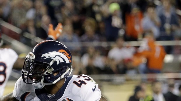 Denver Broncos? T.J. Ward (43) celebrates after recovering a fumble during the second half of the NFL Super Bowl 50 football game Sunday, Feb. 7, 2016, in Santa Clara, Calif. (AP Photo/Matt York)