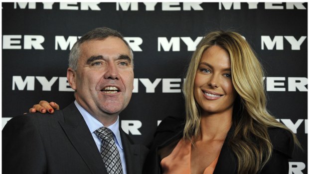 Myer CEO Bernie Brooks announcing the details of the department store chain's public float in 2009 with Myer ambassador Jennifer Hawkins.