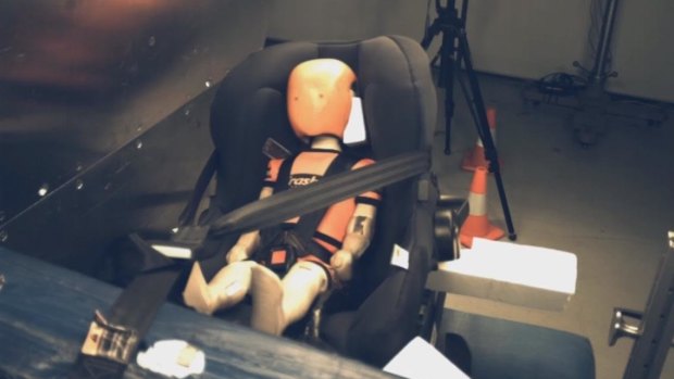 A Safety First Summit AP Isofix child car seat being tested at NSW Crashlab. The forward-facing chair got two stars and the rear-facing scored four stars. 