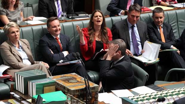 Opposition Leader Bill Shorten reacts to Prime Minister Tony Abbott's answer to a question on Qantas. Photo: Alex Ellinghausen