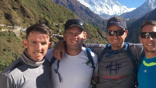 Steve Crowe, Matt Gidley, Mark Hughes, Kurt Gidley and Danny Buderus during their fundraising trek up to Everest basecamp.