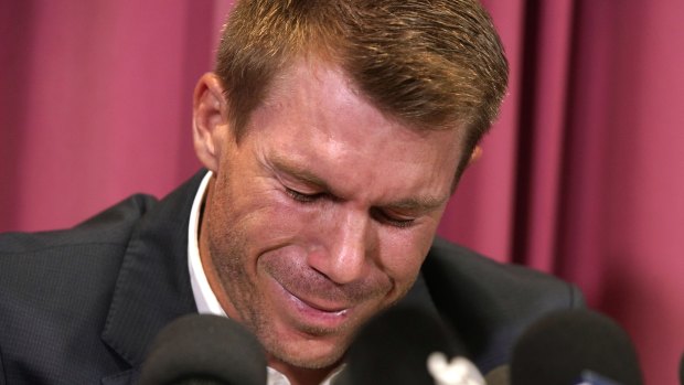 An emotional David Warner apologised for his behaviour.