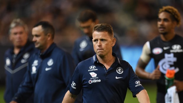 Work in progress: Carlton coach Brendon Bolton during the round three loss to Collingwood at the MCG.