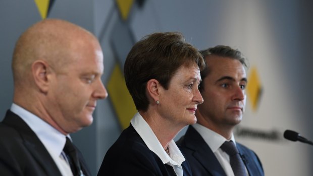 Former CBA CEO Ian Narev, Catherine Livingstone AO chairman for CBA and new chief executive Matt Comyn. 