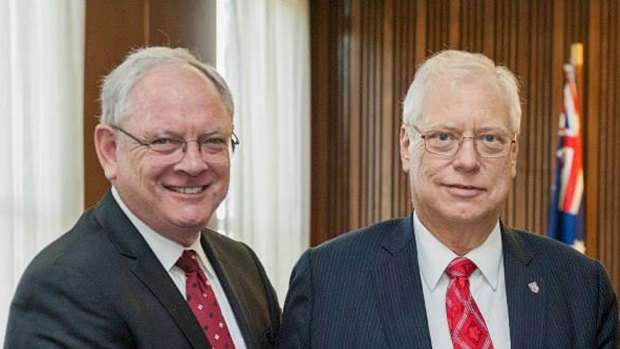 Former Canterbury Council general manager Jim Montague (left) with former mayor Brian Robson.