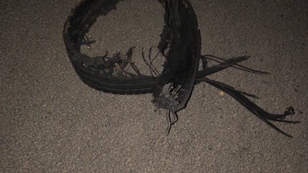 Dianna Pedler said she saw this piece of tyre on the side of the road that she believes fell off the car driving towards her on the Monash Freeway. 