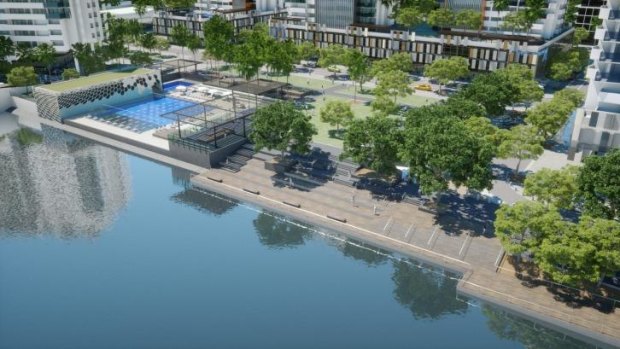 An artist's impression of the urban waterfront park and community swimming pool.