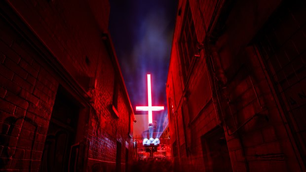 Red inverted crosses decorated central Hobart during Dark Mofo, upsetting some Christians.