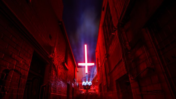 Red inverted crosses decorated central Hobart during Dark Mofo, upsetting some Christians.