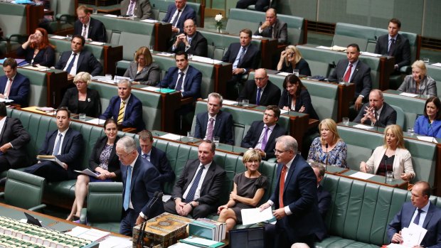 Prime Minister Malcolm Turnbull leaves the dispatch box for Treasurer Scott Morrison during question time  on Tuesday.