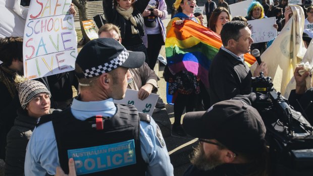 Safe School supporters and protesters clash in Canberra in August 2017.